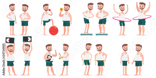 Fat and thin guy with hule hoop, fitness ball, measuring tape, on weight scales. Vector cartoon man character set isolated on a white background. Healthy lifestyles and sport concept illustration.