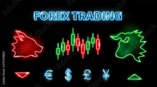 Neon silhouettes of stock market symbols: bear, bull, candllestick chart, currency signs. Forex trading concept. Vector 10 EPS illustration isolated on black background