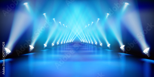 Stage podium during the show. Blue background. Fashion runway. Vector illustration.