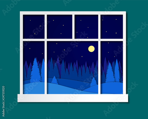 The view from the window of the house, the room on the winter night landscape. Vector