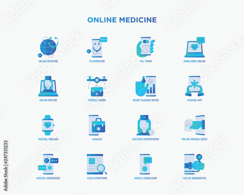 Online medicine, telemedicine gradient flat icons set: pill timer, ambulance online, smart glucose meter, medical drone, medical tracker, messenger. Modern vector illustration.