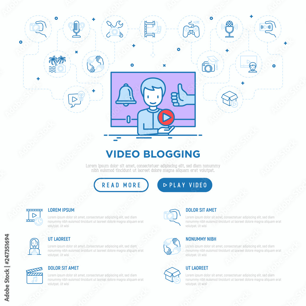 Fototapeta premium Video blogging concept with thin line icons: blogger in vlog with thumbs up and bell. Modern vector illustration, web page template on gradient background.