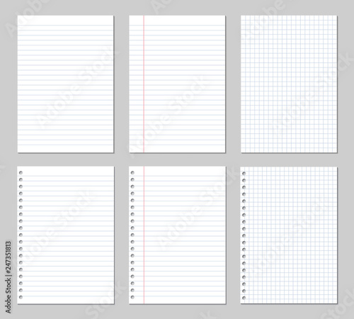 Realistic illustration of a set of paper sheets, square and lined with binder holes, Vector