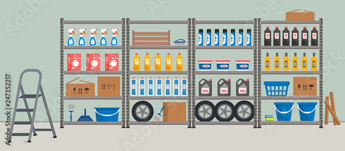 Storeroom. Shelving with household goods. Warehouse racks. There are cardboard boxes, buckets, brushes, bottles, step ladder and other things in the picture. Vector illustration