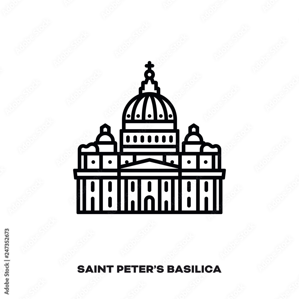 Saint Peters Basilica at Vatican City vector line icon.