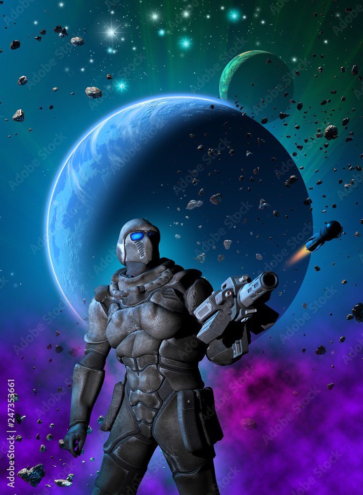 Futuristic warrior launching a rocket, in the background a planetary system with stars, nebula and asteroids, 3d illustration