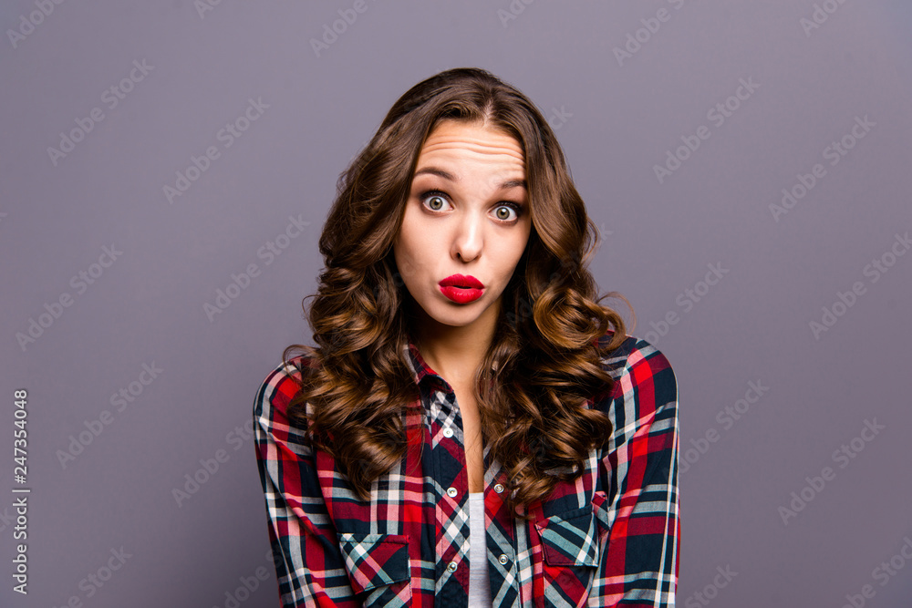 Close up portrait of beautiful she her lady feel guilty incident sharing forbidden information with wrong person people wearing specs checkered plaid shirt clothes isolated grey background