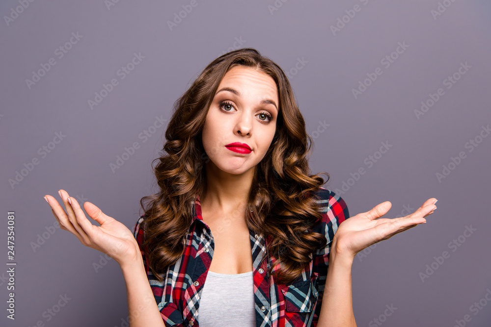 Close up portrait of beautiful she her lady not interested in conversation doubt unsure uncertain in everything wearing specs checkered plaid shirt clothes isolated grey background Close up portrait of beautiful she her lady not interested in conversation doubt unsure uncertain in everything wearing specs checkered plaid shirt clothes isolated grey background