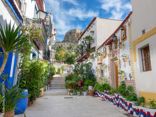 Street with beautiful houses and flowers in the old city of Alicante on a sunny day