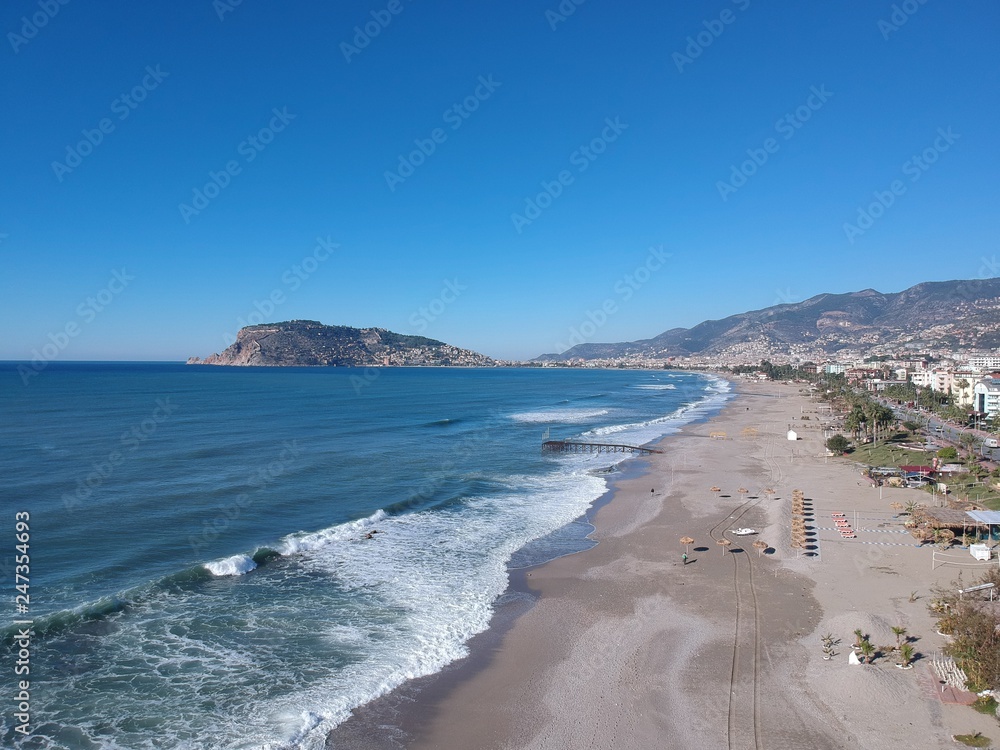 beach in Turkey, top view, quadcopter and drone, fortress, city of Alanya