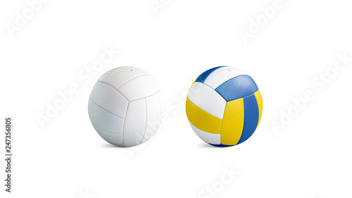 Blank white and colored volleyball ball mockup set  isolated  3d rendering. Empty voleybal circle mock up. Clear beach playing team. Innings or block in professional volleybal template.