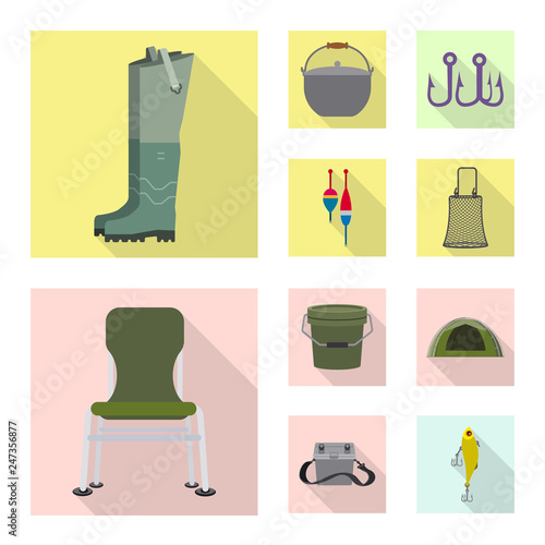 Vector design of fish and fishing sign. Set of fish and equipment stock symbol for web.