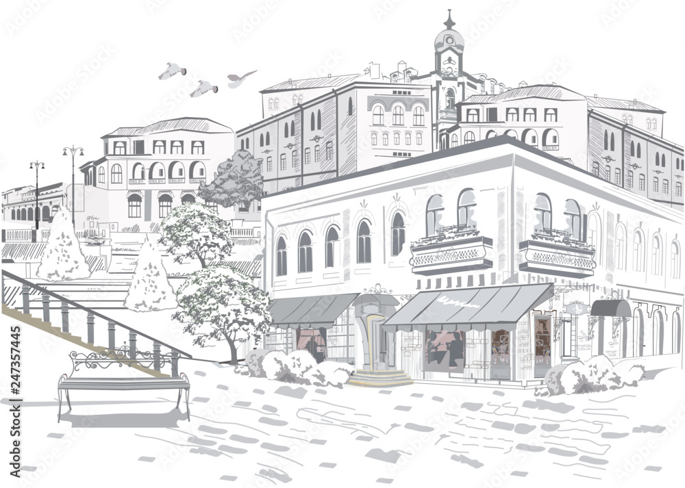 Series of street views in the old city. Hand drawn vector architectural background with historic buildings. Black & white sketch Series of street views in the old city. Hand drawn vector architectural background with historic buildings. Black & white sketch