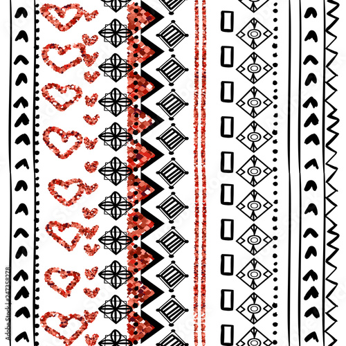 Tribal etnic pattern with red glitter. African hand drawn striped photo