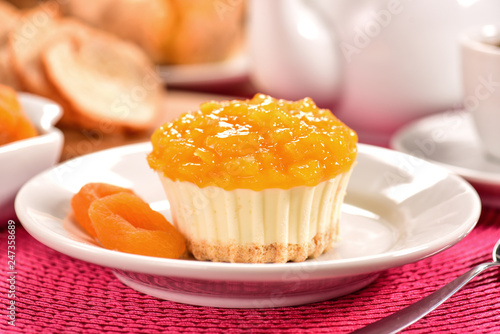 Apricot individual cheesecake on decorated scene