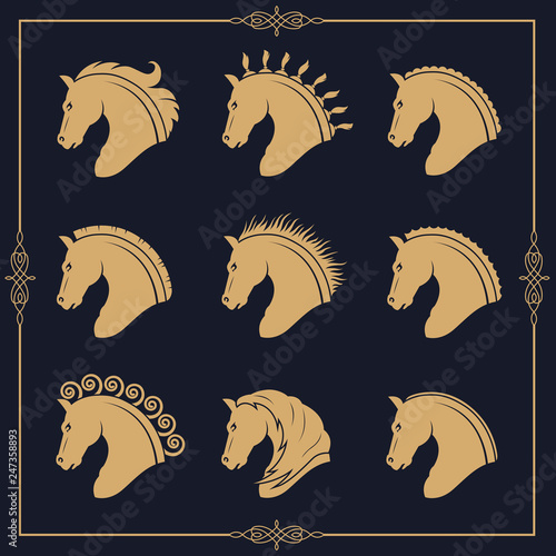 collection of gold horse heads with different manes