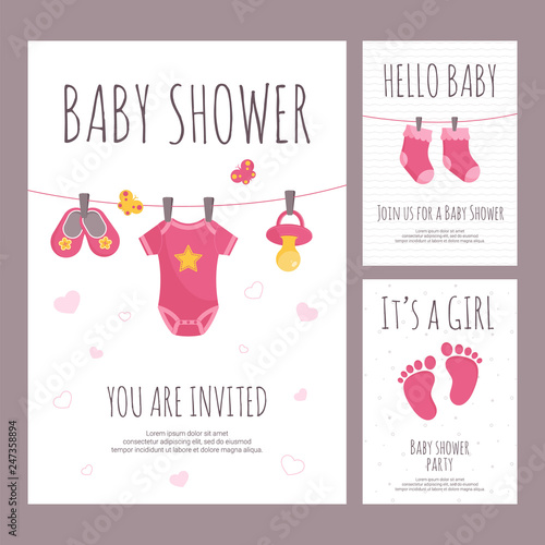 Baby shower invitation vector illustration set in flat style - vertical banners with pink toddler toys and clothing.