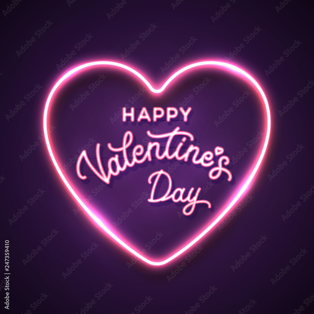 Happy Valentine's Day. Neon script lettering inscription. Wire hand lettering card. Modern calligraphy for Valentine's Day. Vector neon sign. Abstract background with bright pink vector electric heart Happy Valentine's Day. Neon script lettering inscription. Wire hand lettering card. Modern calligraphy for Valentine's Day. Vector neon sign. Abstract background with bright pink vector electric heart