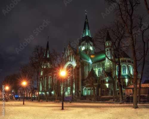Beautiful nightscape of neo-gothic Church of Sts. Olha and Elizabeth in Lviv, Ukraine