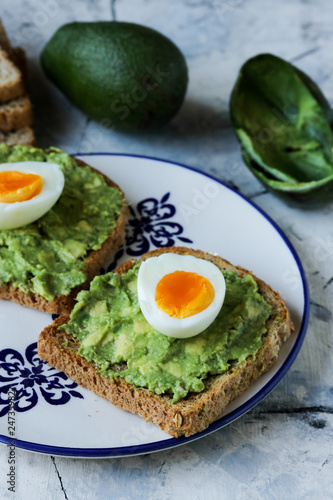 Toast with avocado and egg, bread slice with avocado and egg
