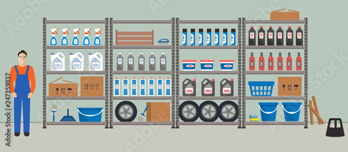 Storeroom. Workplace of the storekeeper. Shelving with household goods. Warehouse racks. Storekeeper is standing near the shelves. There are cardboard boxes, buckets, bottles, tires in the picture