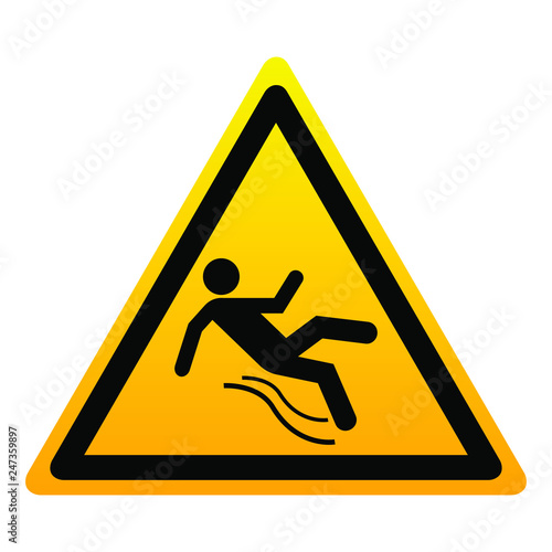 Yellow triangular sign with silhouette of a falling man. Isolated symbol wet the floor on white background. Vector illustration