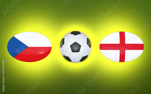 European Football Championship 2020. Schedule football matches Czech Republic - England. Flags of countries and soccer ball. 3D illustration.