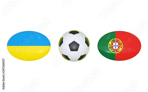 European Football Championship 2020. Schedule football matches Ukraine - Portugal. Flags of countries and soccer ball. 3D illustration.