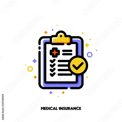Icon of medical form list with results data and approved check mark for health insurance or medicine service concept. Flat filled outline style. Pixel perfect 64x64. Editable stroke