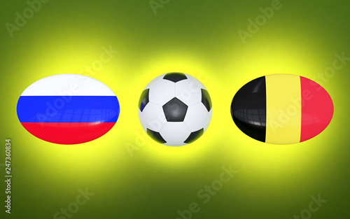 European Football Championship 2020. Schedule of football matches Russia - Belgium. Flags of countries and soccer ball. 3D illustration.