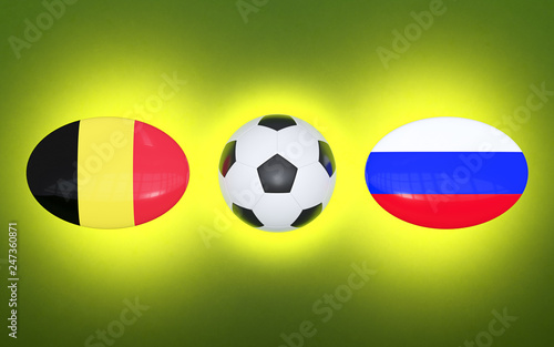 European Football Championship 2020. Schedule of football matches Belgium - Russia. Flags of countries and soccer ball. 3D illustration.
