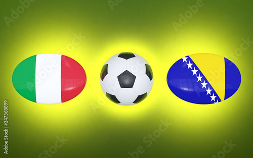 European Football Championship 2020. Schedule for football matches Italy - Bosnia. Flags of countries and soccer ball. 3D illustration.