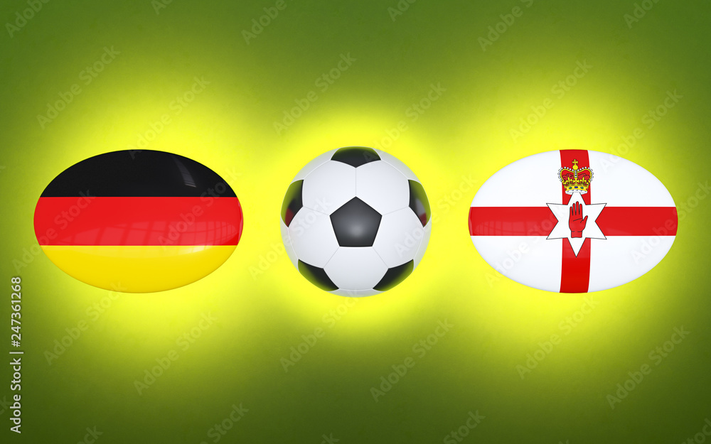 Obraz premium European Football Championship 2020. Schedule for football matches Germany - Northern Ireland. Flags of countries and soccer ball. 3D illustration.