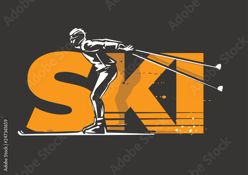 Cross-country skiing vector emblem. Stylized skier on the dark background. Contre lighting effect