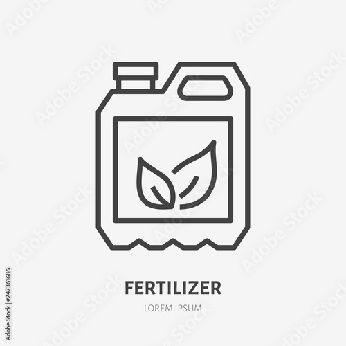 Soil fertilizer in plastic canister flat line icon. Vector thin sign of ground fertilization