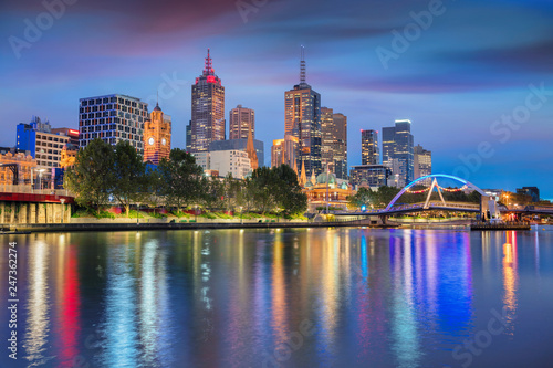 Melbourne. Cityscape image of Melbourne  Australia during twilight blue hour.