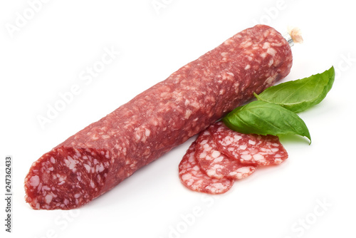 Italian sausage. Tasty dried sausage, close-up, isolated on white background