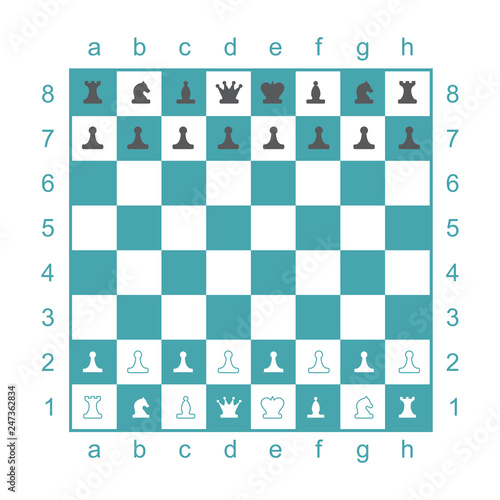Chess board with chess pieces. Set of two vector icons. Flat design. Vector illustration
