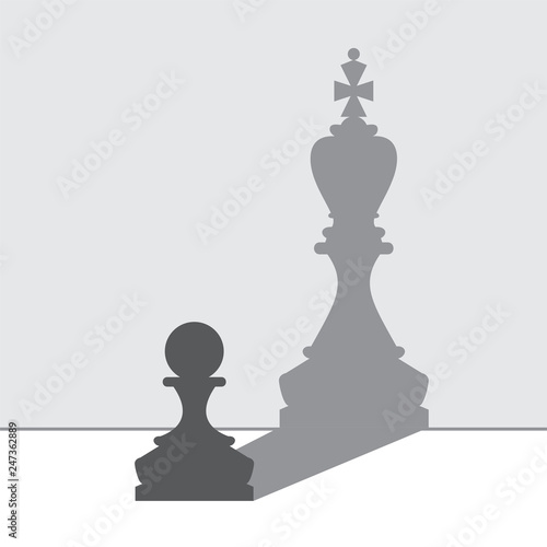 Pawn with king shadow. Set of two vector icons. Flat design. Monochrome