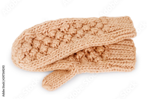 A pair of colored, soft, knitted mittens on a white background