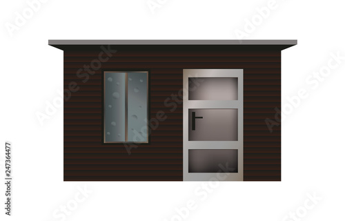 Vector illustration of small wooden garden shed with window and door for garden furniture and tools or a summer flat and apartment isolated on a white background.