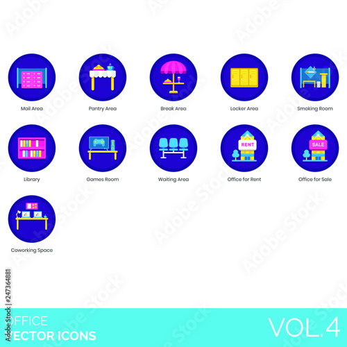 Office icons including mail area, pantry, break, locker, smoking room, library, games, waiting, for rent, sale, coworking space.