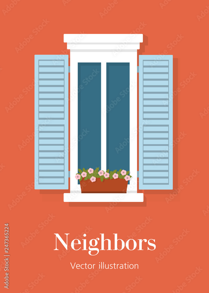 Window with shutters and plants in the Italian style. The facade of the building outside. Details of a European home. Vector flat illustration Window with shutters and plants in the Italian style. The facade of the building outside. Details of a European home. Vector flat illustration