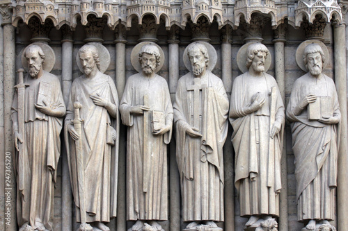 Paris, Notre-Dame cathedral, detail of central portal. From left to right: Paul, James the Great, Thomas, Philip, Jude, and Matthew.