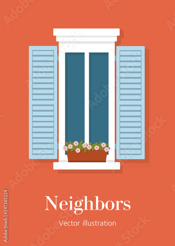Window with shutters and plants in the Italian style. The facade of the building outside. Details of a European home. Vector flat illustration