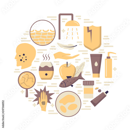 Skin allergy symptoms and treatment round concept banner in flat style