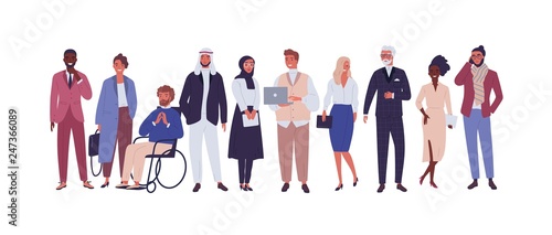 Diverse group of business people, entrepreneurs or office workers isolated on white background. Multinational company. Old and young men and women standing together. Flat cartoon vector illustration. photo