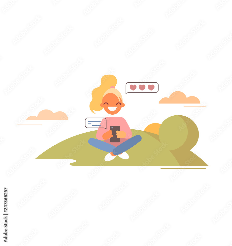 Fototapeta premium Girl chats and sends hearts message. Flat style vector illustration. Young woman seats on lawn and chats with someone she loves.