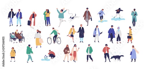 Crowd of tiny people dressed in seasonal clothes or outerwear walking on street and performing spring outdoor activities. Group of funny men, women and children. Flat cartoon vector illustration.