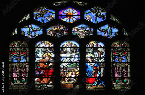 Nativity Scene, stained glass window in Saint-Eustache church, Paris, France